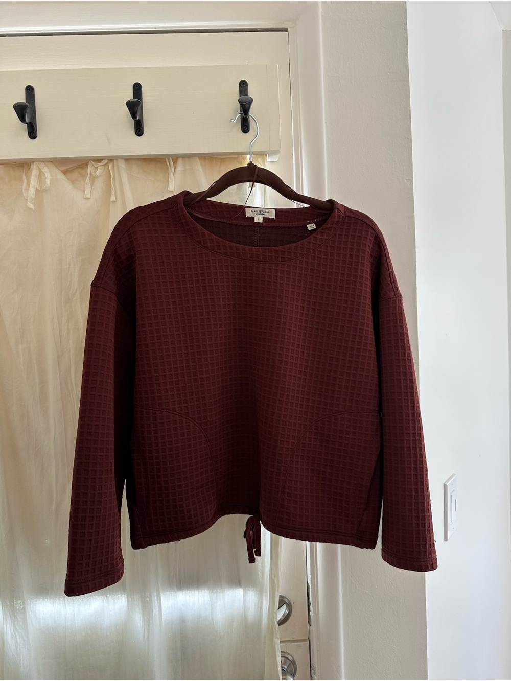 Max Studio Waffle-Knit Crewneck Sweatshirt - Burgundy